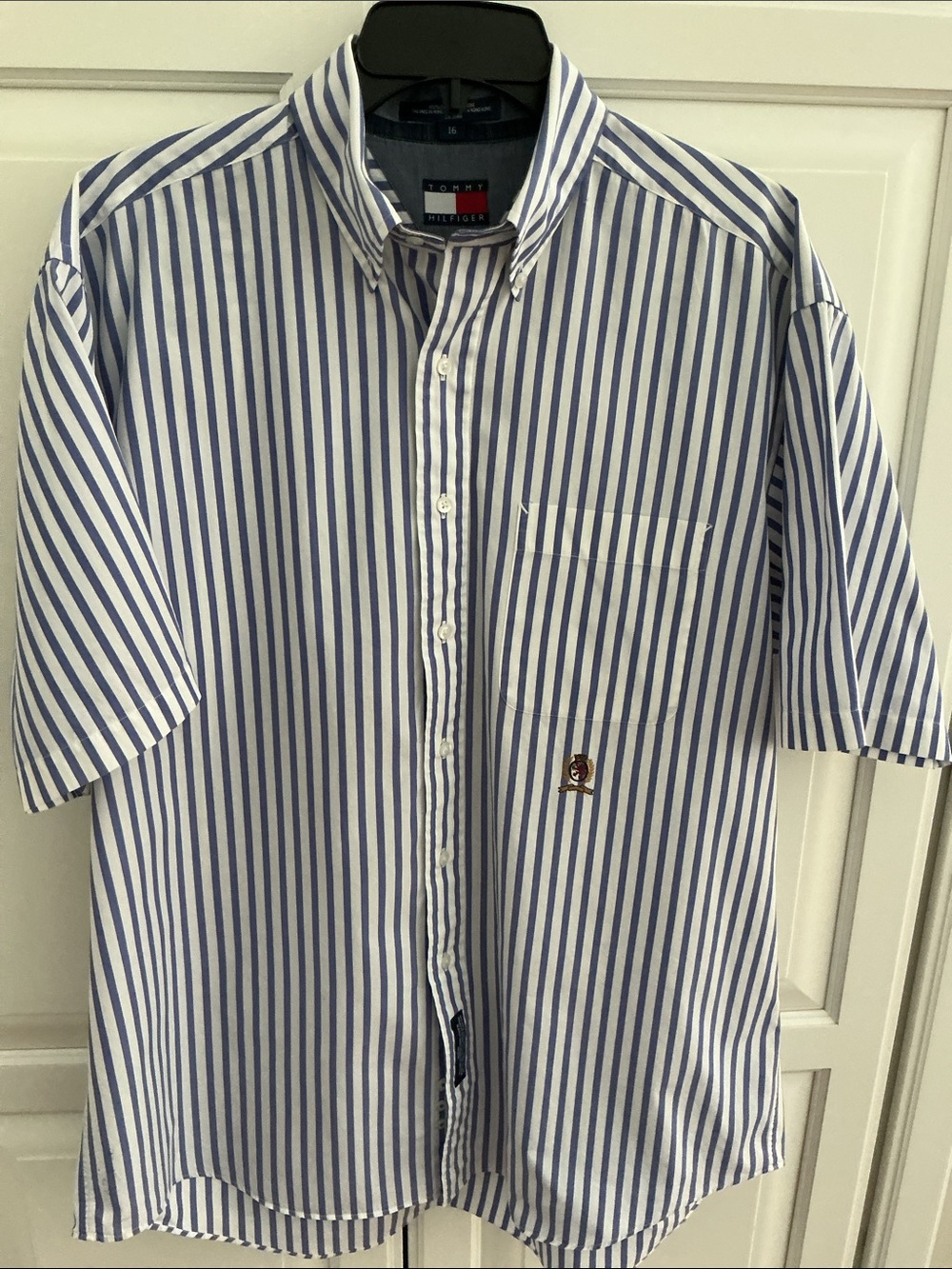 Tommy Hilfiger Blue and White Vertical Stripe Short Sleeve Button-Down Shirt